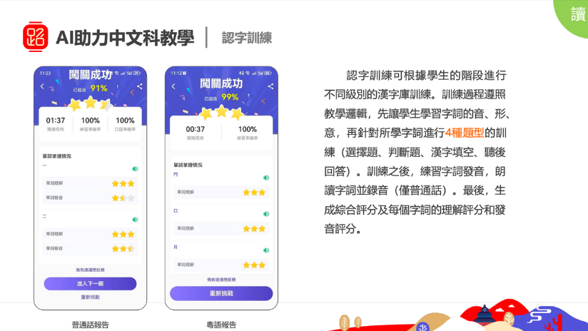 認字訓練可根據學生的階段進行 不同級別的漢字庫訓練。訓練過程遵照 教學邏輯，先讓學生學習字詞的音、形、 意，再針對所學字詞進行4種題型的訓 練（選擇題、判斷題、漢字填空、聽後 回答）。訓練之後，練習字詞發音，朗 讀字詞並錄音（僅普通話）。最後，生 成綜合評分及每個字詞的理解評分和發 音評分。